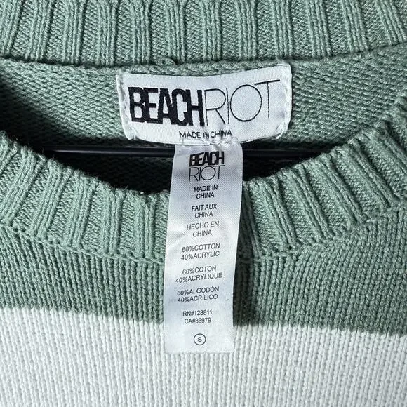 Beach Riot Checkered & Stripe Knit Crewneck Sweater Sage Green Cream Women M - Picture 3 of 8